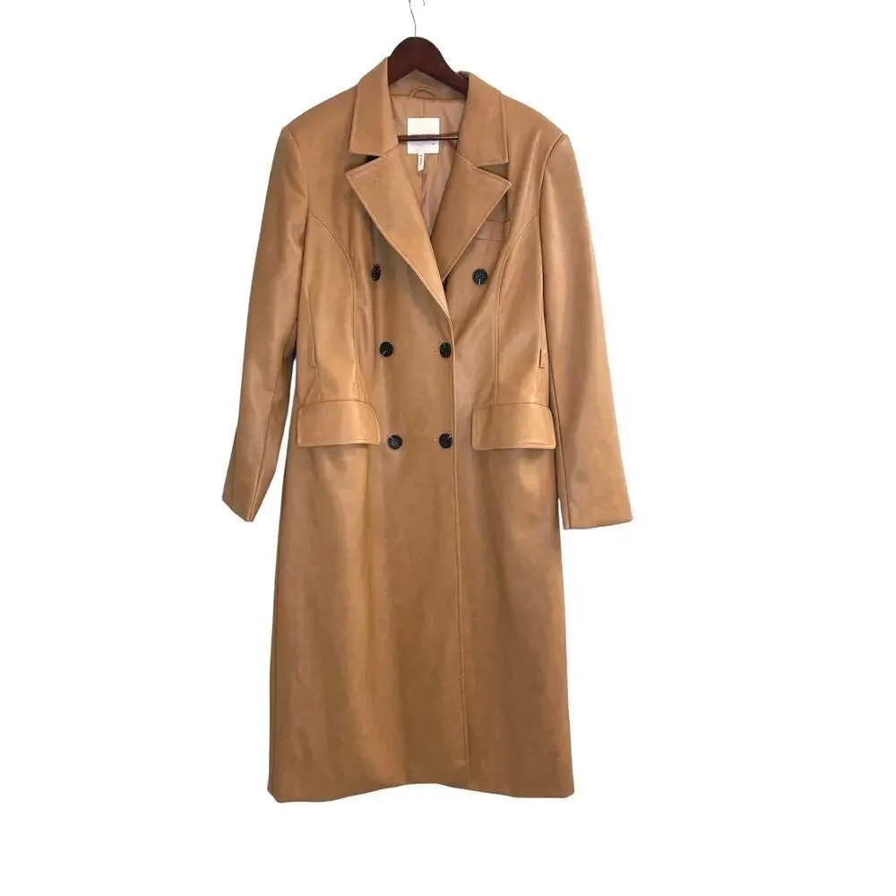 Avec Les Filles Camel Faux Leather Long Trench Coat Women’s XL Double Breasted